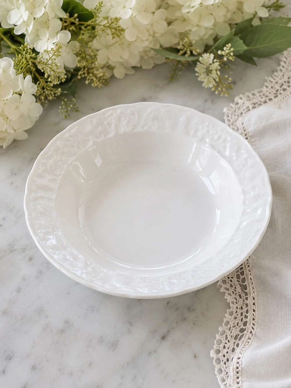 Vintage Steubenville Rose Point Dessert Berry Bowl White Embossed 6 11/16